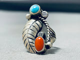 Detailed And Older Vintage Native American Navajo Turquoise Coral Sterling Silver Leaf Ring-Nativo Arts
