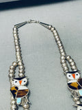 149 Grams 1970's Owl Vintage Native American Zuni Inlay Sterling Silver Squash Blossom Necklace-Nativo Arts