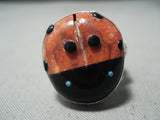 Detailed Ladybug Bulbous Native American Navajo Coral Turquoise Sterling Silver Ring-Nativo Arts