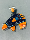 Dazzling Native American Navajo Signed Cosmic Inlay Coral Jet Sterling Silver Bear Pendant-Nativo Arts