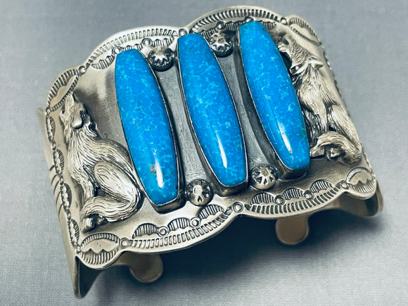 Howling Coyote Vintage Native American Navajo Long Turquoise Sterling Silver Bracelet-Nativo Arts