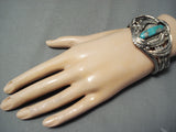 Heavy Thick Vintage Native American Navajo Gilbert Turquoise Sterling Silver Leaf Bracelet Old-Nativo Arts