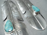 Eye-catching Native American Navajo Blue Diamond Turquoise Sterling Silver Feather Earrings-Nativo Arts