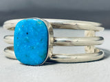 Brilliant Native American Navajo Signed Kingman Turquoise Square Sterling Silver Bracelet-Nativo Arts