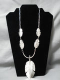 Detailed Intricate!! Hand Carved Native American Navajo Sterling Silver Feather Genius Necklace-Nativo Arts