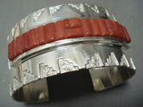 Important Native American Navajo Coral Row Wide Sterling Silver Bracelet Cuff-Nativo Arts