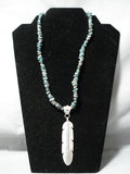 Detailed!! Vintage Native American Navajo Sterling Silver Green Turquoise Feather Necklace-Nativo Arts