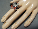 Whimsical Native American Zuni Coral Jet Mother Of Pearl Sterling Silver Minnie Mouse Ring-Nativo Arts