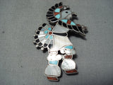 Early Huge Vintage Native American Zuni Turquoise Coral Sterling Silver Pin-Nativo Arts