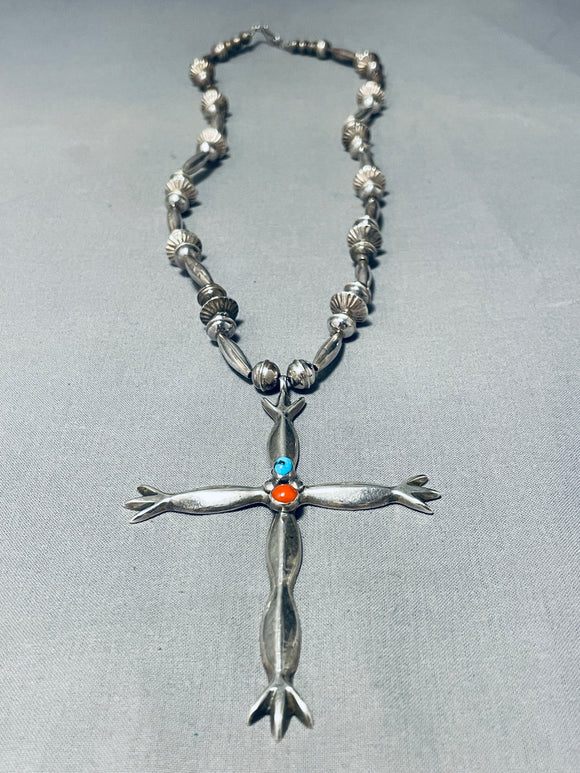 Hand Tooled Larger Vintage Native American Navajo Turquoise Sterling Silver Cross Necklace-Nativo Arts