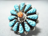 Bob Eustace Vintage Native American Zuni Carved Turquoise Coral Sterling Silver Ring-Nativo Arts