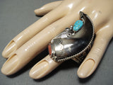 One Of The Most Unique Authentic Bear Native American Navajo Turquoise Sterling Silver Ring-Nativo Arts