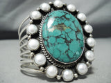 Towering Vintage Native American Navajo Shakey Family Turquoise Sterling Silver Pearl Bracelet-Nativo Arts