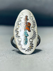 Authentic Older Vintage Native American Navajo Bird Turquoise Coral Sterling Silver Ring Old-Nativo Arts