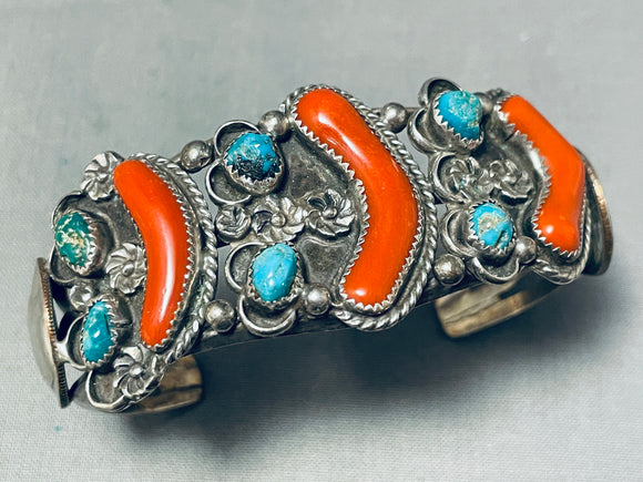 Museum Quality Vintage Native American Navajo Turquoise Coral Sterling Silver Flower Bracelet-Nativo Arts