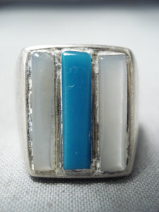 Impressive Vintage Native American Navajo Turquoise Mother Of Pearl Sterling Silver Ring Old-Nativo Arts
