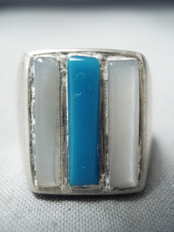 Impressive Vintage Native American Navajo Turquoise Mother Of Pearl Sterling Silver Ring Old-Nativo Arts