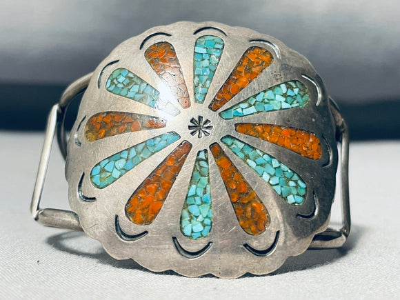 Wagonwheel Inlay Vintage Native American Navajo Turquoise Coral Sterling Silver Bracelet-Nativo Arts