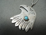 Custom Vintage Native American Acoma Old Kingman Turquoise Sterling Silver Eagle Neckalce Old-Nativo Arts
