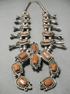 Statement Vintage Native American Navajo Coral Sterling Silver Squash Blossom Necklace Old-Nativo Arts