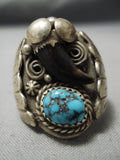 Huge Vintage Native American Zuni Men's Blue Warrior Turquoise Sterling Silver Ring Old-Nativo Arts