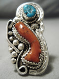 Exquisite Native American Navajo Old Kingman Turquoise & Coral Sterling Silver Ring-Nativo Arts