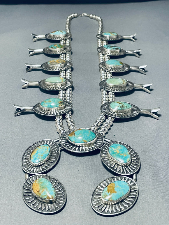 Native American 388 Gram Men's San Felipe Turquoise Sterling Silver Squash Blossom Necklace-Nativo Arts