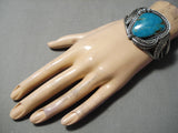 Huge Vintage Native American Navajo Carico Lake Turquoise Sterling Silver Leaf Bracelet Old-Nativo Arts