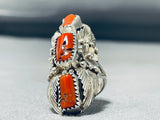 Dazzling Native American Navajo Coral Sterling Silver Ring-Nativo Arts