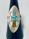 Authentic Vintage Native American Navajo Turquoise Coral Sterling Silver Inlay Ring Old-Nativo Arts