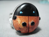 Adorable Native American Navajo Spiny Oyster, Jet Sterling Silver Ring Ladybug-Nativo Arts