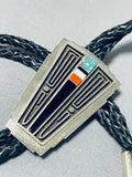 Important Vintage Native American Navajo Turquoise Sterling Silver Maze Bolo Tie-Nativo Arts