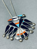 Fascinating Vintage Native American Zuni Turquoise Jet Coral Inlay Sterling Silver Bird Necklace-Nativo Arts