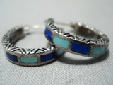 Intricate Vintage Native American Zuni Turquoise Lapis Sterling Silver Earrings Old-Nativo Arts