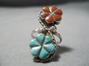 Exquisite Vintage Zuni Coral & Turquoise Sterling Silver Ring Native American-Nativo Arts