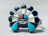 Rare Vintage Signed Native American Zuni Inlay Blue Gem Turquoise Sunface Sterling Silver Ring-Nativo Arts