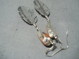Dazzling Native American Navajo Spiny Oyster Shell Sterling Silver Feather Earrings-Nativo Arts