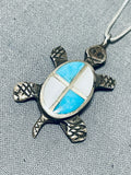 Awesome Vintage Native American Zuni Blue Gem Turquoise Mother Of Pearl Inlay Turtle Necklace-Nativo Arts