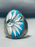 One Of The Best Vintage Mens Native American Zuni Turquoise Inlay Sterling Silver Ring Old-Nativo Arts