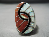 Huge Heavy Zuni Native American Opal Coral Sterling Silver Ring-Nativo Arts