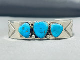 Superb Vintage Native American Navajo Signed 3 Kingman Turquoise Sterling Silver Bracelet-Nativo Arts