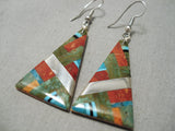 Native American Inlay Master Santo Domingo Turquoise Coral Dan Coriz Sterling Silver Earrings-Nativo Arts