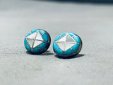 Amazing Vintage Native American Zuni Inlay Blue Gem Turquoise Mop Sterling Silver Earrings-Nativo Arts