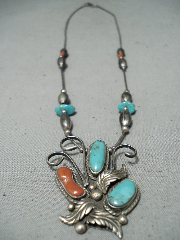Fabulous Vintage Native American Navajo Turquoise Coral Sterling Silver Necklace-Nativo Arts