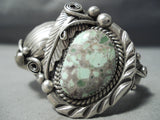 Detail!! Vintage Native American Navajo Carico Lake Turquoise Sterling Silver Leaf Bracelet-Nativo Arts