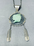 Longer Hand Carved Chief Head Vintage Native American Navajo Turquoise Sterling Silver Necklace-Nativo Arts
