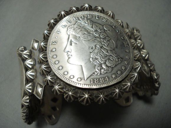 Signed Heavy Hand Tooled San Felipe Sterling Silver Bracelet Coin-Nativo Arts