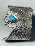 Extreme Detail Huge Vintage Native American Navajo Eagle Turquoise Sterling Silver Bracelet-Nativo Arts