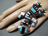 Spectacular Native American Navajo Inlay Turquoise Coral Jet Sterling Silver Rainbow Man Ring-Nativo Arts