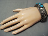 Incredible Detail Vintage Native American Navajo Blue Gem Turquoise Sterling Silver Bracelet-Nativo Arts